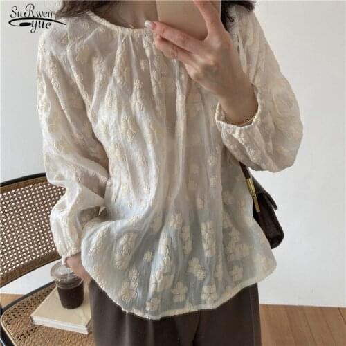 Womens O-Neck Sweet Puff Sleeve Linen Blouse French Embroidery Flower Cotton Shirt Women Fall Loose Elegant Sunscreen Top 16256