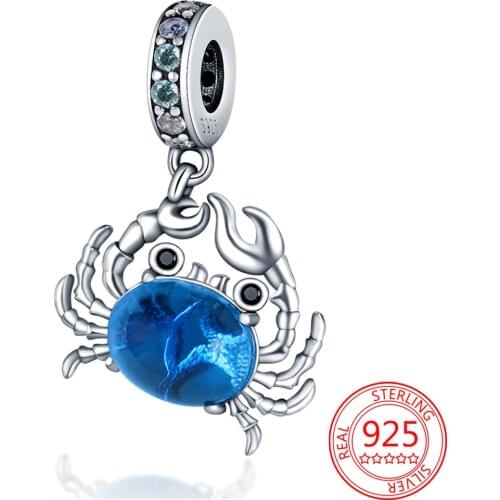 Real 925 Sterling Silver Blue Ocean Crab Pendant Charm Fits Pandora 3mm Bracelet & Bangle Sterling Silver Jewelry Girl Gift
