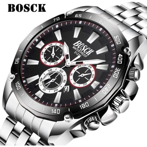 BOSCK Fashion Business Mens Watches Clock Stainless Steel Black Calendar Watches Wristwatch Men Sport Watches Relogio Masculino