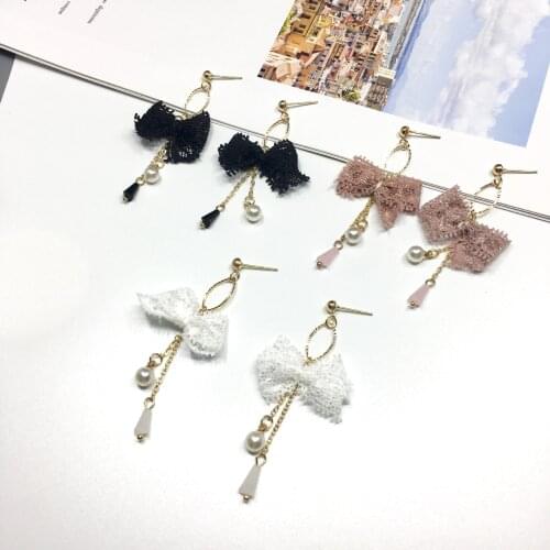 Elegant Korean Personality Weave Lace Bow Handmade Dangle Earrings Big Simulated Pearl Boucle D'oreille Femme Pendante