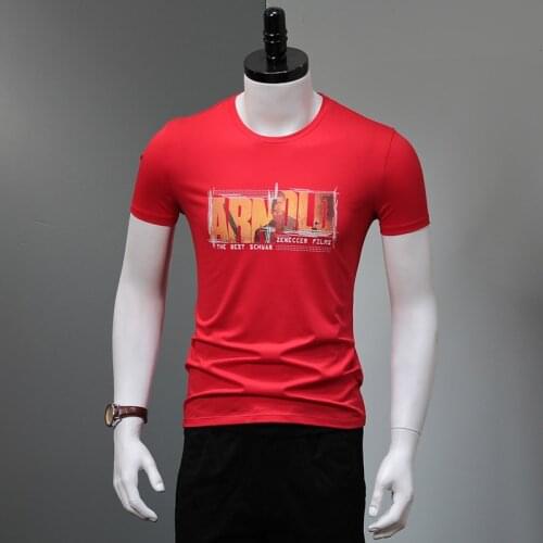Men Letter Printed O-Neck Short Sleeve Red T Shirt Mens Cotton Stretch Slim Fit T-Shirts Summer Casual Top Tees S-4XL