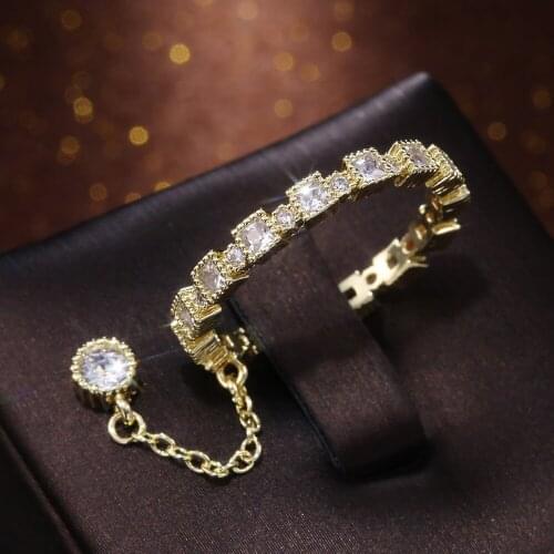 Dainty Female White Crystal Chain Ring Cute Gold Color Thin Wedding Rings For Women Trendy Round Zircon Pendant Engagement Ring