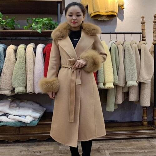 3 Color Hot Sale Cashmere Coat Natural Fox Fur Collar Wool Cardigan With Belt Oversize Women’s Double-Sided Wool Outwear