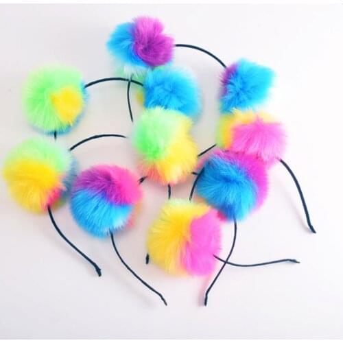 Cute Solid Pom Hairband Rainbow Colorful Plush Ball Girls Headband Fur Washing Face Makeup Headwear Sweet Women Hair Accessories