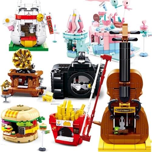 Mini City Shops Street View Blocks Market Retail Stores Restaurant Model Set Building Toy Creative Moc Guitar Brick Architecture