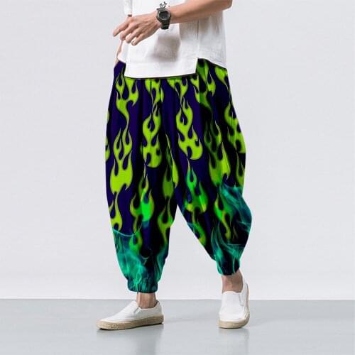 2021 new large size 3D printed flame cropped trousers Harlan casual mens black printed casual pants