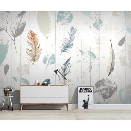 XUE SU Wall covering custom wallpaper mural Nordic plants leaves feathers simple wooden board wood grain TV background wall