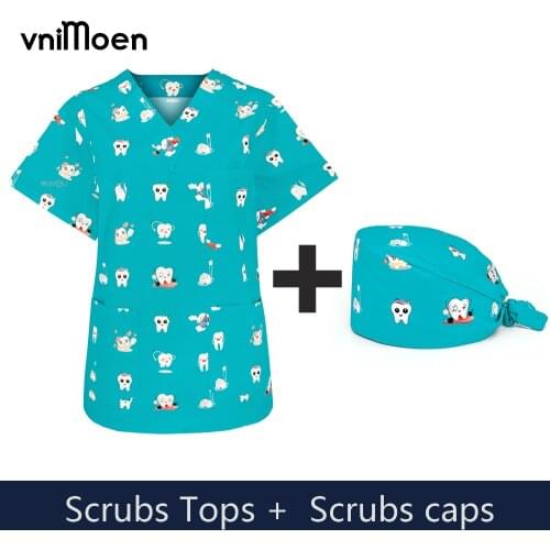 Wholesale Cotton Cartoon tooth print spa uniform beauty salon Pet shop uniform Slim Fit top scrub clothes women scrubs lab coat