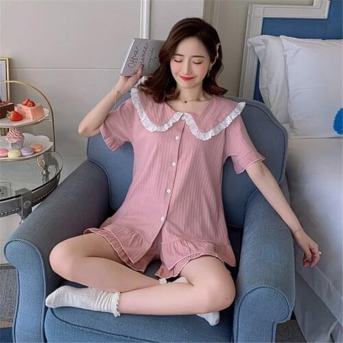 Pajamas women cute cotton short-sleeved thin section large size home service loose lace pajamas two-piece Night set new 2020
