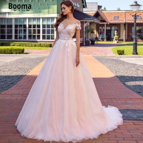 Booma Elegant Lace Wedding Dresses O-neck illusion Short Sleeve Beach Bridal Gown Appliques Boho Princess Wedding Gown Vintage