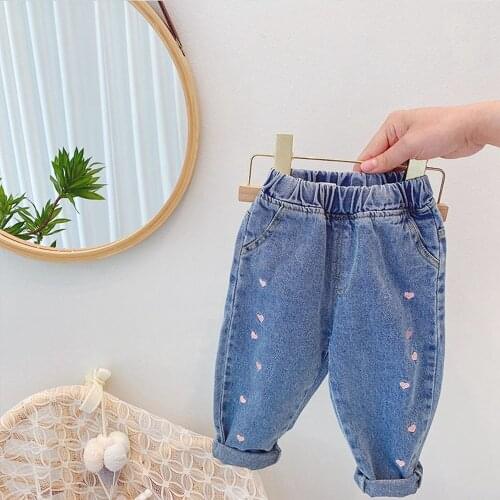 Casual Girls Kids Long Jeans Pants 2021 Spring Autumn Children Baby Denim Heart Pant Trousers S12061