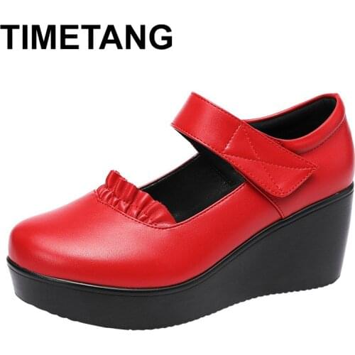 TIMETANG 6cm medium heel platform shoes for women 2020 platform round head red big size 32 to 43 woman shoes high heels