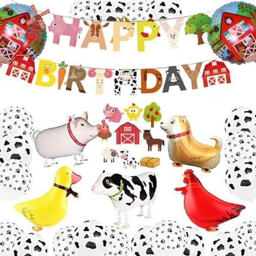 Farm Animals Birthday Decoration Pull Flag Banner Balloon Pig Cow Walking Chicken Helium Balloon Birthday Kids Party Toy Supplie