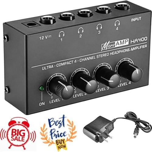 Power HA400 Headphone Amplifier 4 Channels Mini Audio Stereo With Power Adapter For Music Mixer Recording Studio Monitoring