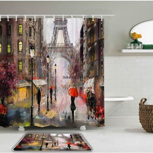Waterproof Shower Curtain Set With Hooks Bath Curtains Paris Tower Scenery Bathroom Shower Curtains Non-slip Mat Toilet Bath Mat