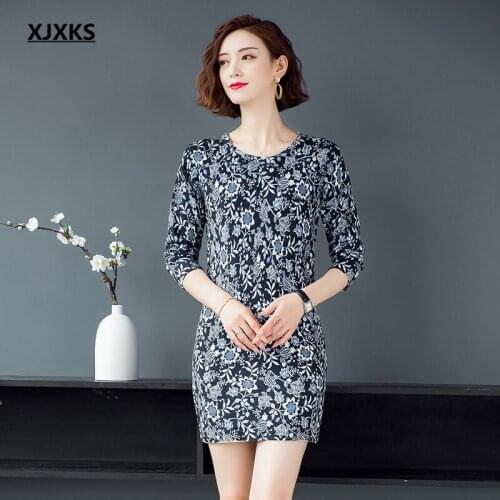 XJXKS High-quality blue and white porcelain printed wome dress 2021 spring autumn new wool knitted long sweater women pullover