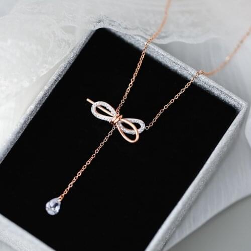 YUN RUO Rose Gold Color Creative Zircon Bow Adjustable Pendant Necklace Choker Titanium Steel Jewelry Never Fade DropShipping