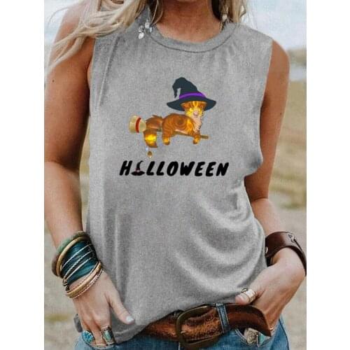 Magic Cat Print Womens Tshirt New Arrival Halloween Sleeveless Shirt Women Funny Summer Casual Sleeveless Top Holiday Top
