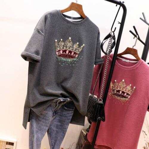 2020 Spring Crown Sequined Tee Shirt Women Short Sleeve Thick Embroidery Beading T Shirt Luxury Cotton Casual Tees Lady