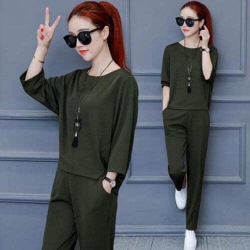 2021 Summer Women Fashion Loose Solid Sports Suits O-neck Half-sleeve Tops + High Waist Harlan Pants Two-piece Set M-4XL Y664