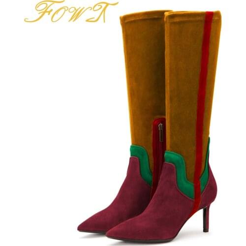 Vintage Colorful Womens Knee High Boots New 2021 Winter Woman Multi-Color Side Zipper Long Bootie Stiletto Heel Pointy Toe 41 44