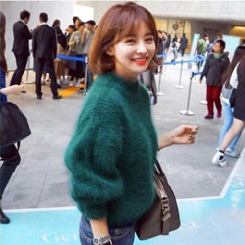 Women Sweater Winter Fashion White Mohair Thicken Turtleneck Sweaters Casual Lantern Sleeve Knittwear Solid Pullover Pull Jumper