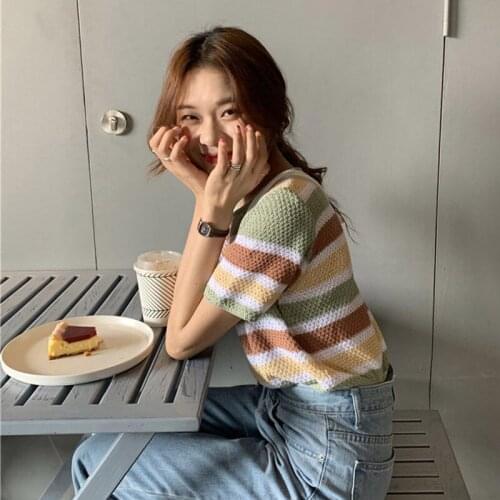 Knitwear Womens Spring Thin Rainbow Striped Loose Sweater Korean Shirt Student Caasual Short Sleeve Summer Knitted Blusa f111