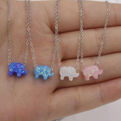 2021 New Trendy Opal Elephant Pendant Stainless Steel Necklace For Women Silver Color Animal Resin Choker Collier Jewelry Gift