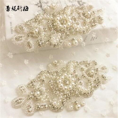 2Pc Ivory Charming Crystal Rhinestone Applique Trim Iron On Bridal Costume Pearl Wedding dress waist decoration with Glue RT0080