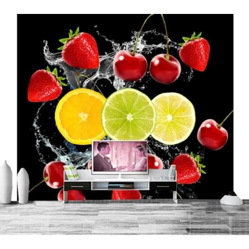 Strawberry Cherry Lemons Black background Spray Food wallpapers,restaurant living room tv sofa wall kitchen 3d wallpaper