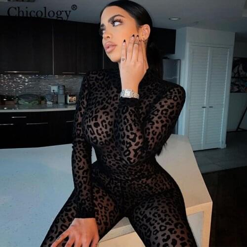Chicology Leopard Mesh Winter Fall Long Jumpsuit Sexy Y2K Club Outfits Women 2020 Fashion Clothes Bodycon One Piece Streetwear