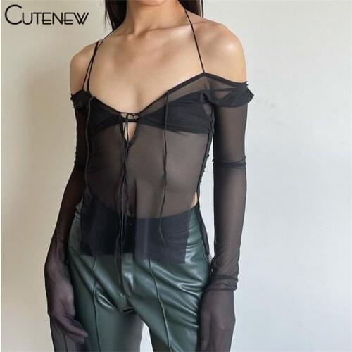 Cutenew Sexy Net Yarn See Through V-Neck Long Sleeves Women T-Shirts Summer Halter Strapless Fashion Lady Tee Y2K Party Clubwaer