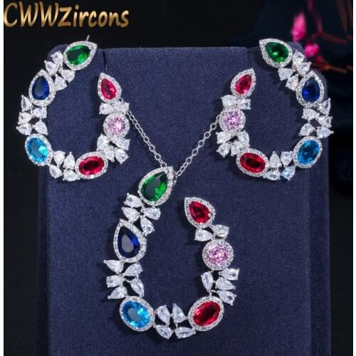 CWWZircons Unique Designer Multicolor CZ Ladies Jewelry Sets Big Cubic Zirconia Crystal Flower Earrings and Necklace Set T383