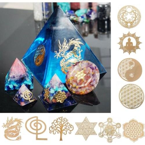 10Pcs 6.8cm 7 Chakra Copper Energy Tower Orgonite Sticker Flower Life Tree Pyramid Epoxy Resin Material Jewelry Making