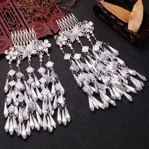 Costume Hanfu Headdress Retro Hair Accessories Long Multi-layer Small Fresh Fringe Jewelry Imitation Miao Silver Insert Comb