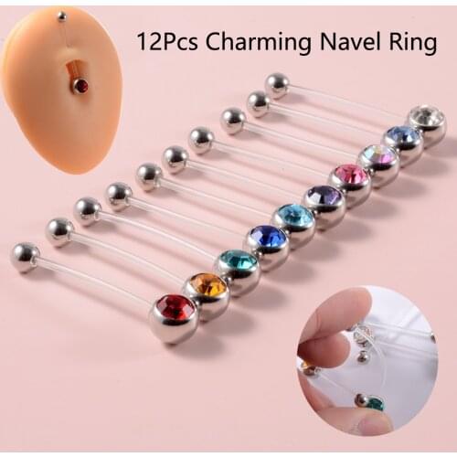 12Pcs Acrylic Flat CZ Gem Bioplast Flexible Pregnancy Navel Belly Button Rings Piercing Charming Navel Bar Body Jewelry 14g