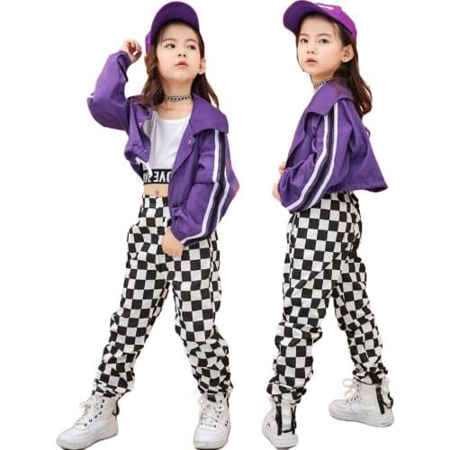 3pcs Kids Girls Hip Hop Street Dance Clothes Set Jazz Dance Outfits Casual Coat + Vest + Plaid Pants Dancing Performance Wear