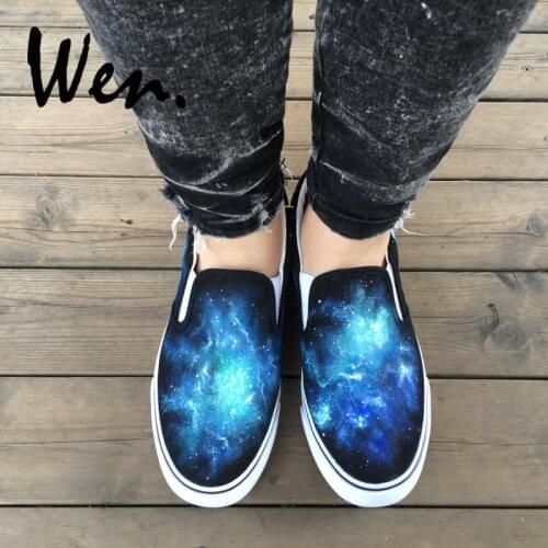 Wen Original Design Galaxy Sapce Blue Nebular Hand Painted Skateboard Shoes Slip On Men Womens Black Canvas Sneakers for Gifts