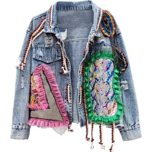 Spring Autumn Patchwork Print Frayed Diamonds Denim Jacket Women Mesh Lace Up Short Jean Casual Coat Female Outerwear