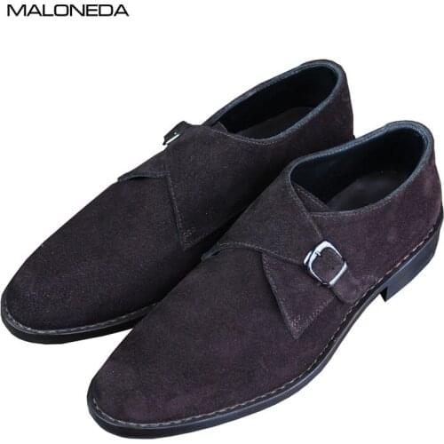 MALONEDA High-quality Mens Handmade Goodyear Welted Cow Suede Leather Monk Strap Slip on Casual Shoes