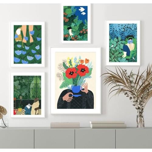 Morocco Girl Reading Jungle Plant Pet Cat Wall Art Canvas Painting Nordic Posters And Prints Wall Pictures For Living Room Decor