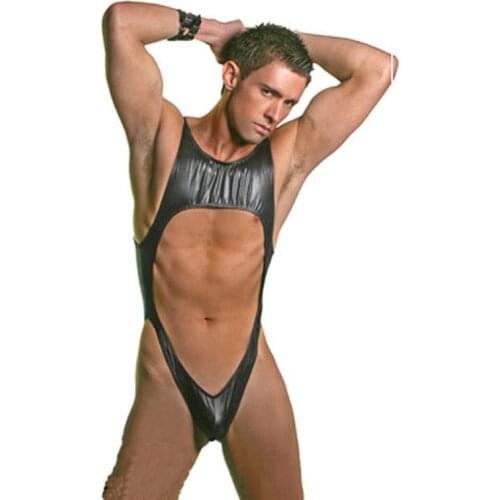 New Fashion Male Black Faux Leather Teddy Hot Sexy Hollow Out Bodysuit Exotic Fetish Bondage Leotard Fantasy Mens Jumpsuit