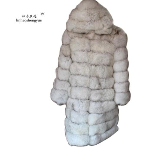 Linhaoshengyue 100CM Length The Real Fox Coat with Hood