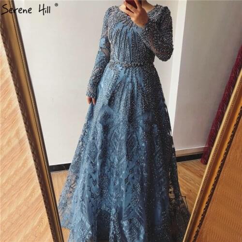 Dubai Luxury Long Sleeves Prom Dresses 2020 Latest Design Navy Blue O-Neck Crystal Gowns Serene Hill Plus Size BLA60900