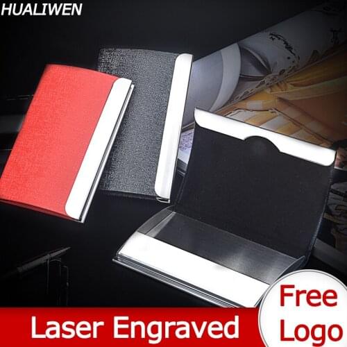Laser Engraved LOGO Luxury Stainless Steel PU Business Credit Card Holder Mens Womens Metal Box Wallet Business Card Case