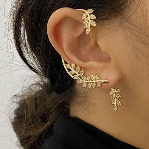 New Leaves Crystal Rhinestone Shiny Fairy Elves Metal Ear Hook Clip Earrings for Women Party Jewelry Gift
