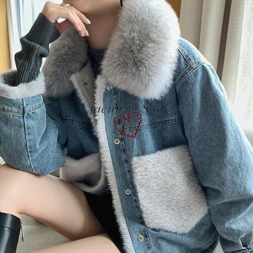 Denim Jacket plus Velvet Womens Real Fox Fur Big Fur Collar Winter New Korean Style Loose Short Plush