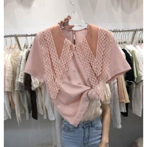 Summer new net red lace stitching lapel temperament loose wild short-sleeved T-shirt women