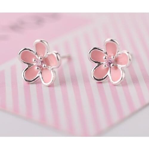 925 Sterling Silver Pink Flower Stud Earrings For Women Wedding Gift Hypoallergenic brincos