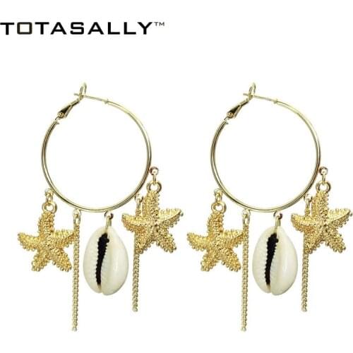 TOTASALLY designed Seafish Seashell Charms Earrings for Women Tassel Round Hoop Earrings Party Summer Beach Earrings